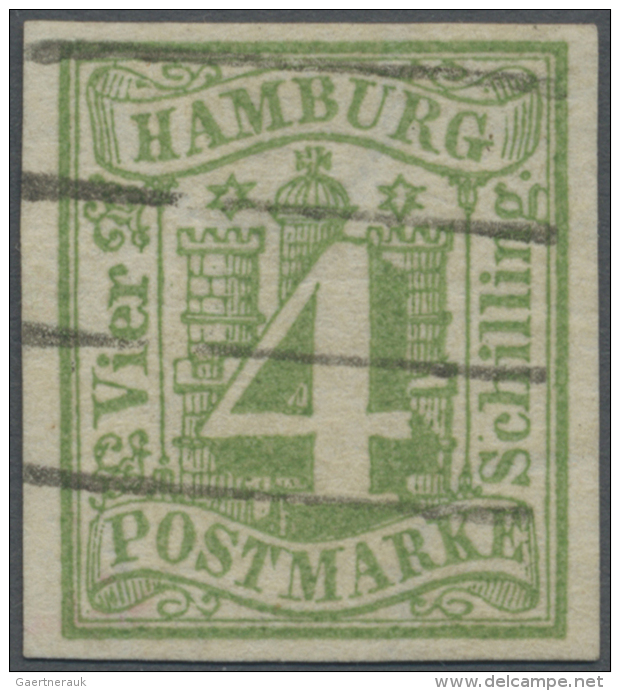 1859, 4 Sch. Bl&auml;ulichgr&uuml;n, Farbfrisches, Allseits Breitrandiges Exemplar, Klar Entwertet Mit... - Hambourg