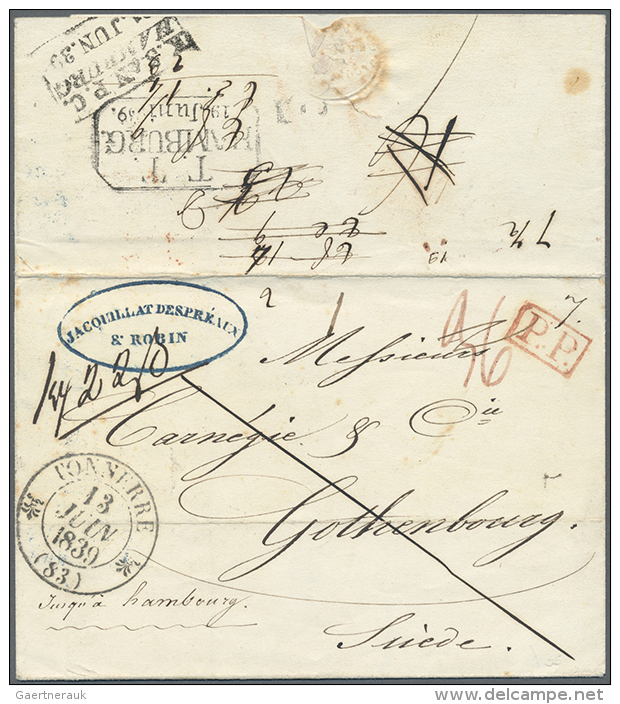 1839, Faltbrief Von TONNERE Mit Transitstempeln Des Thurn Und Taxisschen Postamtes"T.T. HMABURG" Und "K S &amp;N P... - Hambourg