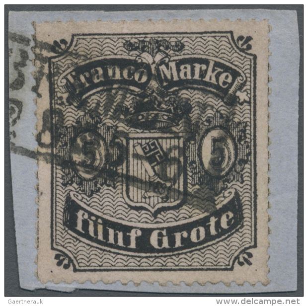 1862, 5 Gr. Schwarz Auf Hellkarmingrau Mit Durchstich D 1 II Auf Kabinett-Briefst&uuml;ck Mit Klarem Ra2... - Brême