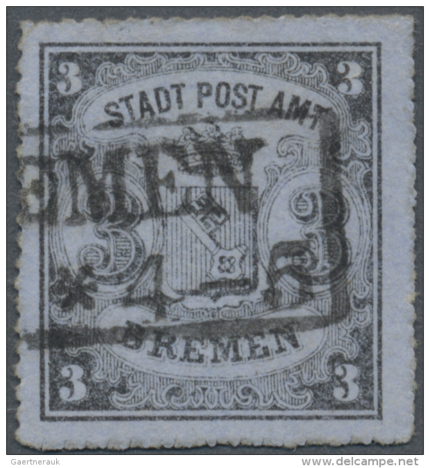 1864, 3 Gr. Schwarz Auf Blaugrau, Farbfrische, Ausgabetypisch Durchstochene Marke Mit Kleinen Sch&uuml;rfungen,... - Brême