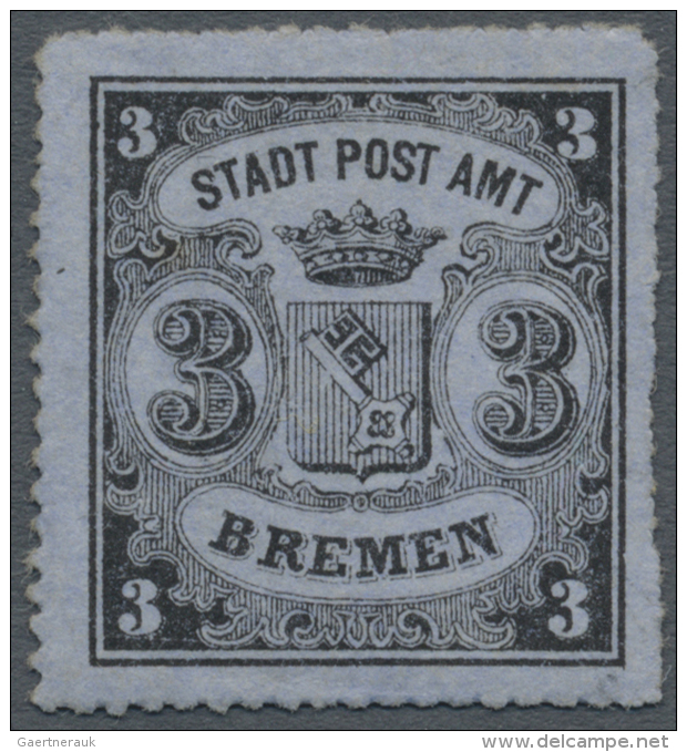 1864, 3 Gr. Schwarz Auf Blaugrau, Senkrecht Gestreiftes Papier, Ungebraucht (keine Originale Gummierung) Farbfrisch... - Bremen