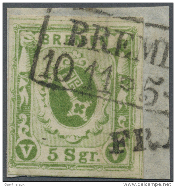 1859, 5 Sgr. Moosgr&uuml;n, Geschnitten, Mit Schwarzem Rahmenstempel "BREME(N) 10 11 * 5 (-6)", Die Voll- Bis... - Brême
