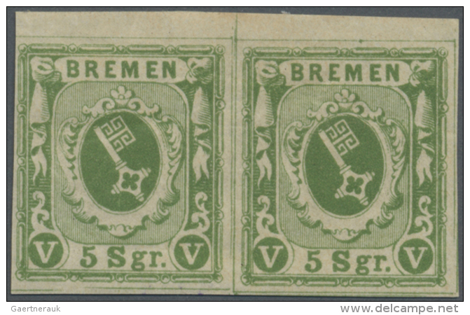 1859, 5 Sgr. Gelbgr&uuml;n Im Waagr. Paar Vom Oberrand, Allseits Voll- Bis Breitrandig Und Farbfrisch, Ungebraucht... - Brême