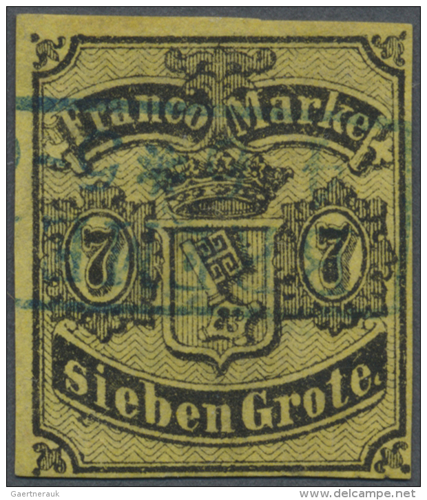 1860, 7 Gr. Schwarz Auf R&ouml;tlichgelb, Allseits Voll- Bis Breitrandig, Gestempelt, Signiert Grobe, K&ouml;hler,... - Bremen