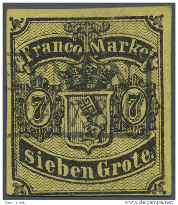 1860, 7 Gr. Schwarz Auf (mittel)r&ouml;tlichgelb, Bis Auf Kleine Ber&uuml;hrung Unten Links, Voll- Bis Breitrandige... - Brême