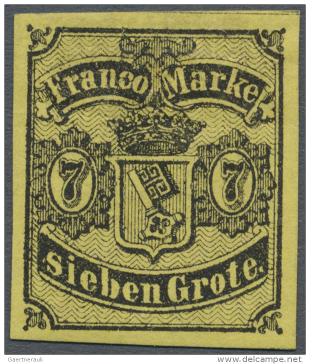 1860, 7 Gr. Schwarz Auf R&ouml;tlichgelb, Dickeres Papier, Ungebraucht Mit Originalgummi Und Falz, Farbfrisch Und... - Brême
