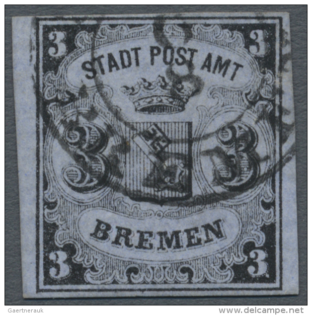 1855, 3 Gr. Schwarz Auf Waagrecht Gestreiftem Blaugrauem Papier Mit K2 "(ST.P.A.) BREMEN 6 8", Farfrische Marke... - Bremen