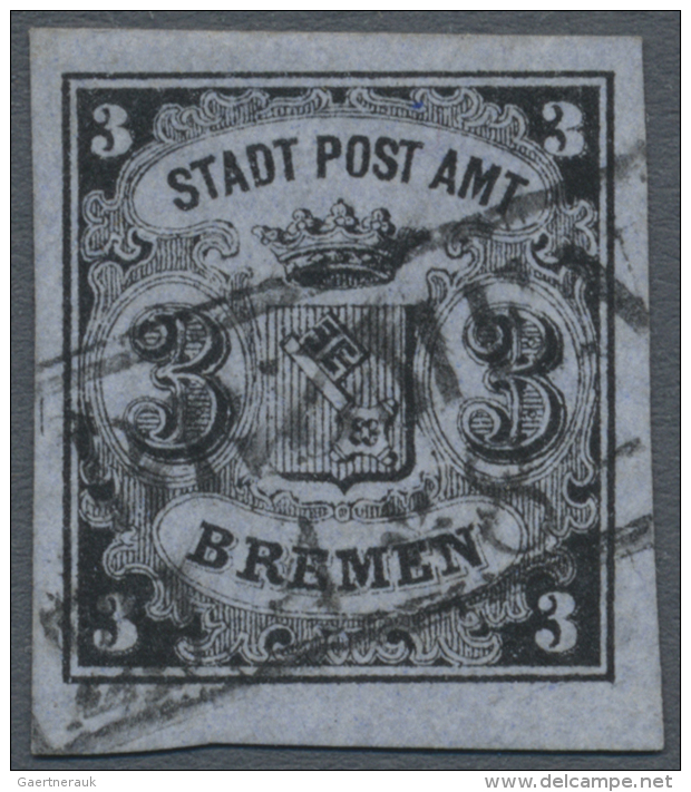 1855, 3 Gr. Schwarz/grau/blau, Sehr Breitrandiges Und Farbfrisches Luxusst&uuml;ck Mit Ra. "BREMEN" Und Deutlichem... - Bremen