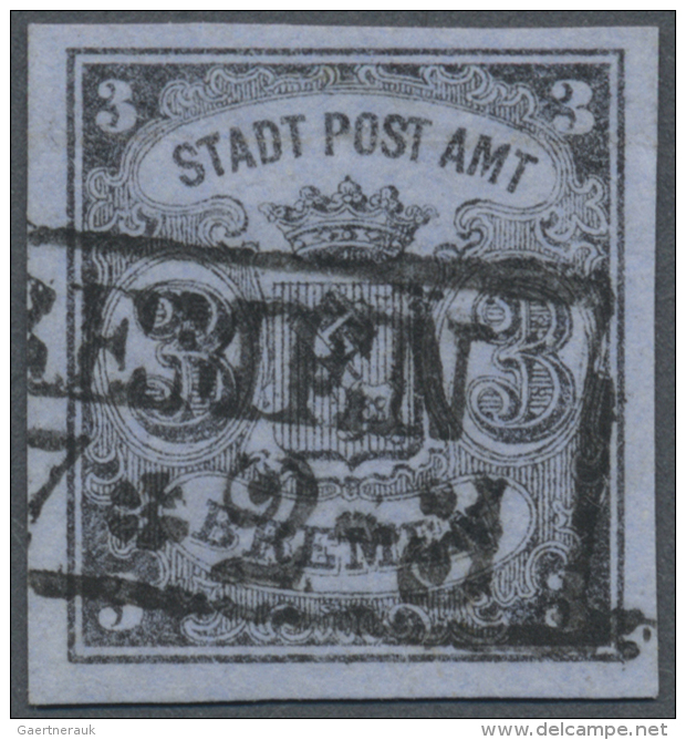 1855, 3 (Gr) Schwarz Auf Blaugrau, Senkrecht Gestreiftes Papier, Mit Schwarzem Rahmenstempel "(B)REMEN (..) 7 *... - Bremen