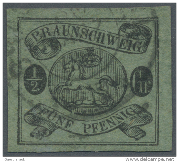 1861, 1/2 Gr./5 Pfg. Schwarz Auf D&uuml;nnem Papier, Allseist Breitrandig, Gestempelt, Pracht, Signiert Lange BPP... - Brunswick