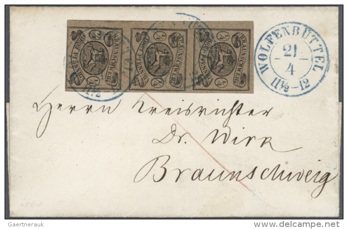 1853, Wappenausgabe &frac14; Ggr/3 Pfennig Auf Braunem Papier, Senkrechter Dreierstreifen Auf Brief H&uuml;lle Mit... - Brunswick