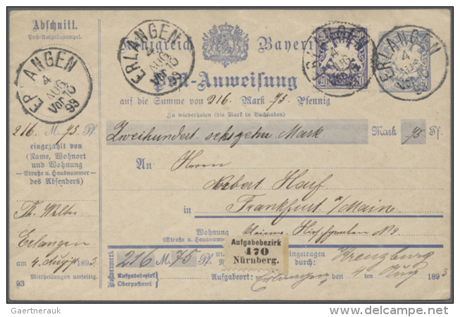 1893, 20 Pfg Postanweisung Mit 20 Pfg Zusatzfrankatur Bedarfsgebraucht Mit Coupon Von Erlangen Nach Frankfurt. (D) - Other & Unclassified