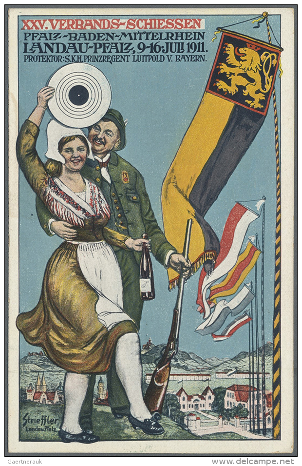 1911, Privat-Postkarte 5 Pf Luitpold "XXV. Verbands-Schiessen Pfalz-Baden-Mittelrhein, Landau-Pfalz", Rs. Farb-Abb.... - Autres & Non Classés