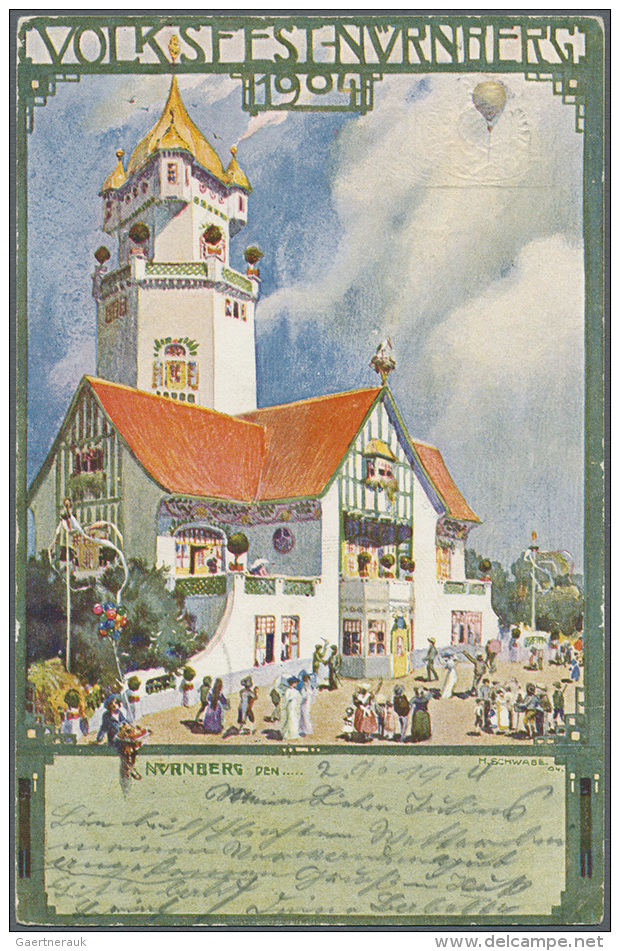 1904, Bayern 5 Pf. Offizielle Privat-Ganzsache "Volksfest N&uuml;rnberg" Mit Farbiger Abb. Ballon &uuml;ber... - Autres & Non Classés