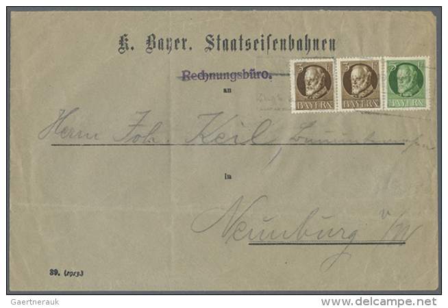 1916, 3 Pf. Luitpold Mit E-Lochung, Im Waager. Paar Mit 5 Pf. Auf Um 1 Pf. &uuml;berfrankiertem Dienstbrief Mit... - Autres & Non Classés