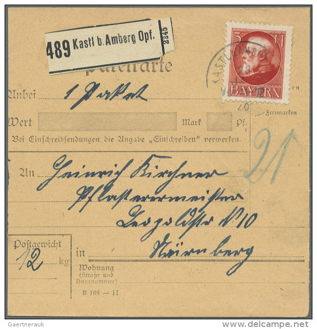 1914, 3 Mark Ludwig Friedensdruck In Seltener Darstellung Einzeln Auf Paketkarte Mit K1 KASTL B. AMBERG / 23.1.20,... - Autres & Non Classés