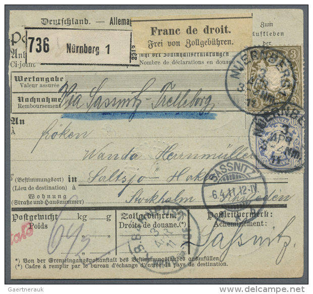 1911, 3 Mark Wappen In Randklebung, Aber Ohne Zahnm&auml;ngel, Mit 20 Pf. Wappen Auf Paketkarte Ab N&Uuml;RNBERG 1... - Autres & Non Classés