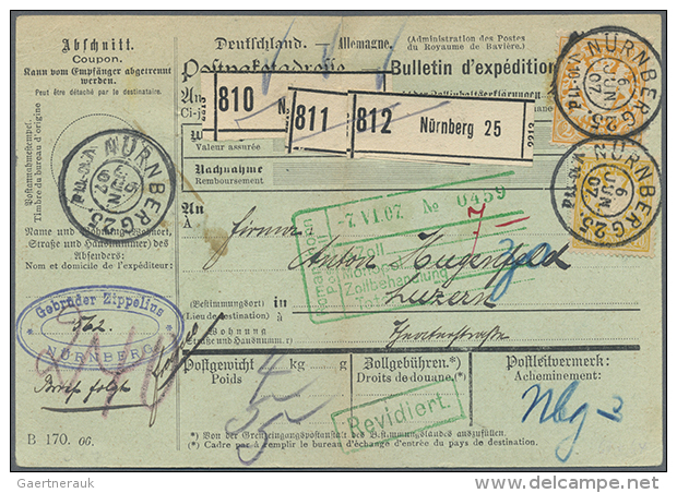 1907, 2 Mark Wappen Mit 40 Pf. Auf H&uuml;bscher Paketkarte F&uuml;r Drei Pakete Ab N&Uuml;RNBERG 25 / 6.6.07 In... - Other & Unclassified
