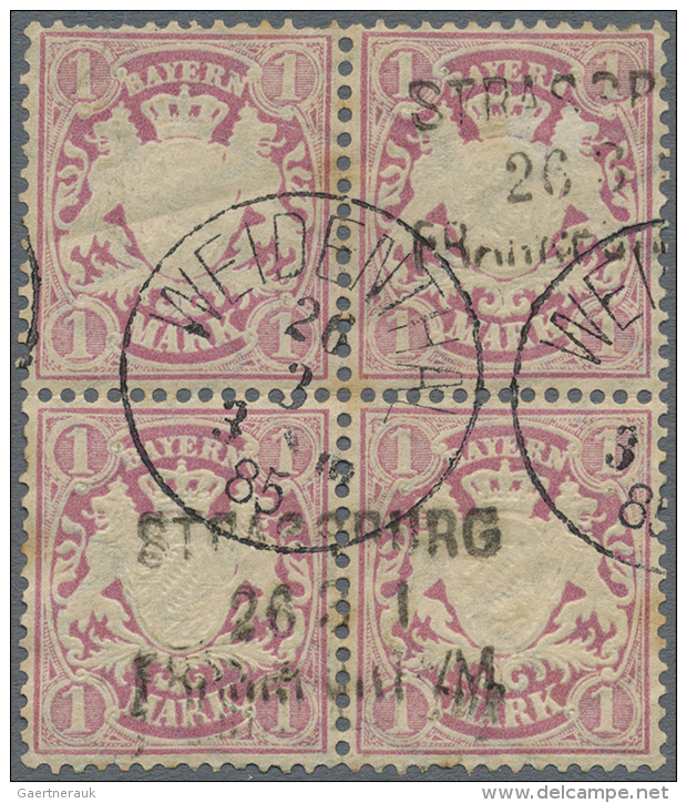 1885, 1 Mark Wappen Lila Ausgabe 1885, Viererblock In Fr&uuml;her Verwendung Mit Pfalz-K1 WEIDENTHAL / 26.3.85... - Other & Unclassified
