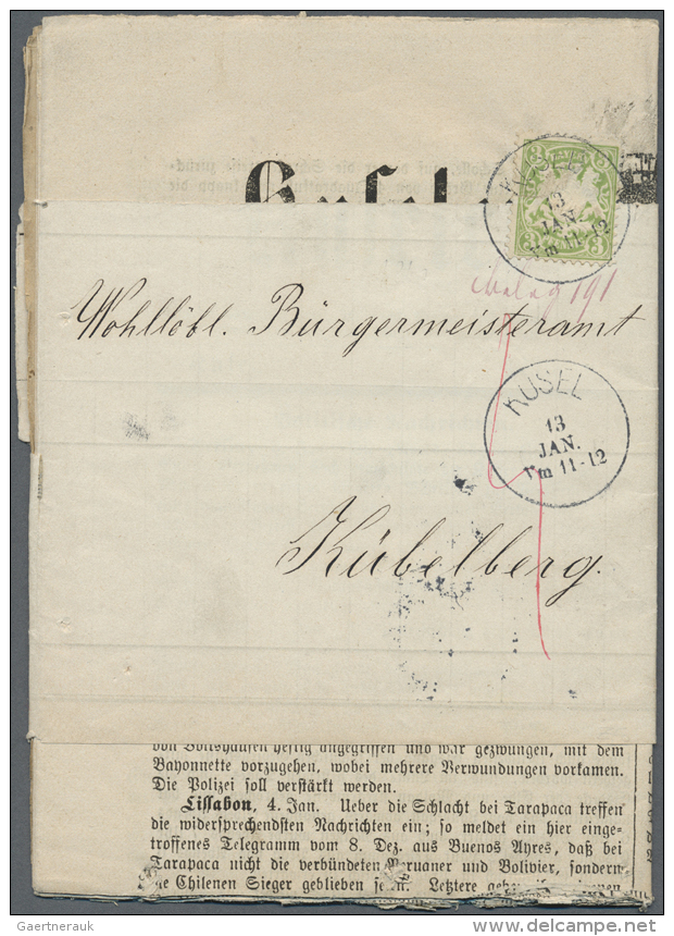 1879, 3 Pfg. Weite Welle (unauff&auml;llige M&auml;ngel), Gestempelt KUSEL / 13.1. (1880) Auf Zeitungsschleife... - Other & Unclassified