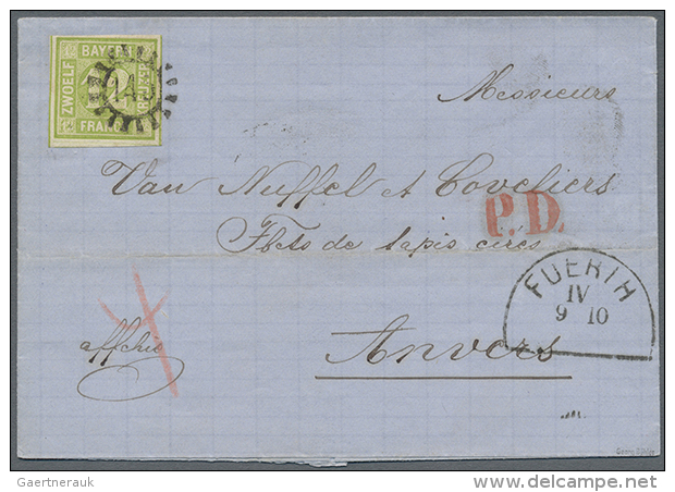 1862, 12 Kr. Gr&uuml;n Als Einzelfrankatur Mit GMR "145" Und Neben-HK "FUERTH IV 9 10 (1866)" Nach Anvers, Belgien... - Other & Unclassified