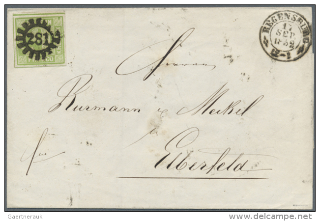 1852: Brief Mit 9 Kreuzer Gr&uuml;n Ab "281" REGENSBURG Nach Elberfeld. R&uuml;ckseitig Wird Sehr Sch&ouml;n Anhand... - Autres & Non Classés
