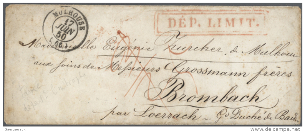 1850, Roter Doppel-Ra2 "DEP. LIMIT." (Grenz-Departement) Auf Couvert (etwas Altersspuren) Von "MULHOUSE 17 JUIN 50"... - Sonstige & Ohne Zuordnung