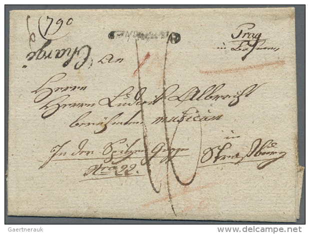 1806, PASSE PAR KEHL, Roter L1 Rs. Auf Charge-Faltbriefh&uuml;lle Von Prag Nach Stra&szlig;burg, Div. Taxvermerke.... - Other & Unclassified