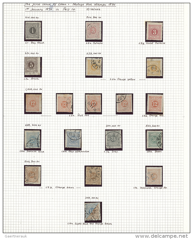 1874/1877, Specialised Collection Of 1st Issue (Michel Nos. 1/10, Facit Nos. L1/20), Neatly Arranged On Written Up... - Taxe