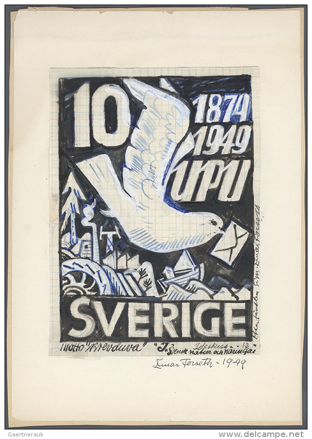 1949, 75th Anniversary Of UPU, Unadopted Designs, Two Artist's Drawings 10c. Black And 20c. Red "Carrier Pigeon"... - Autres & Non Classés