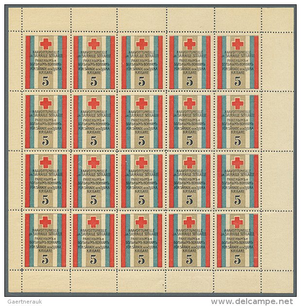 1914 - 1916, Red Cros Charity Stamps From Helsinki, Two Mini Sheets Of 20 Stamps (strongly Folded And Supported... - Autres & Non Classés