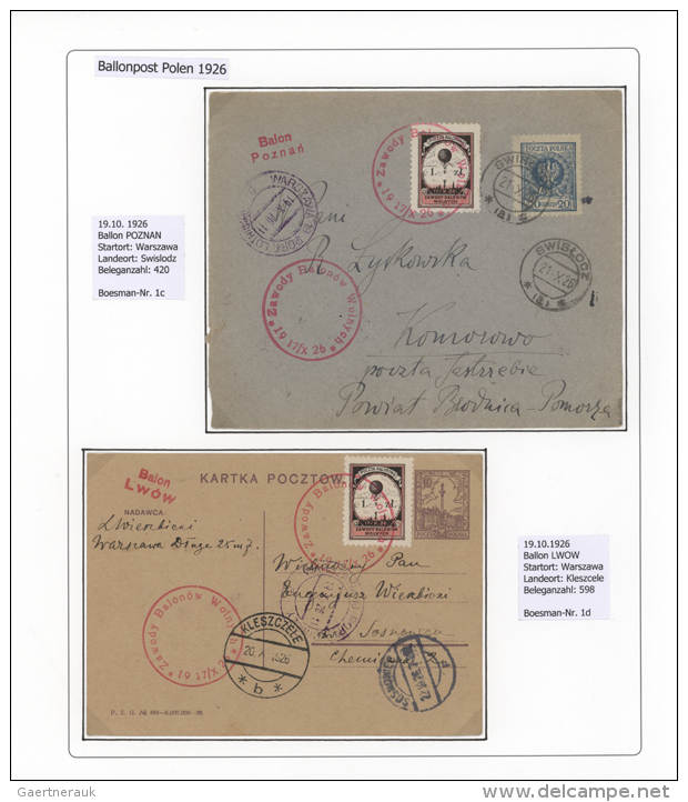 1926/1939, BALLOON MAIL, Specialised Collection Of 56 Balloon Covers/cards, Neatly Arranged On Written Up Pages,... - Autres & Non Classés