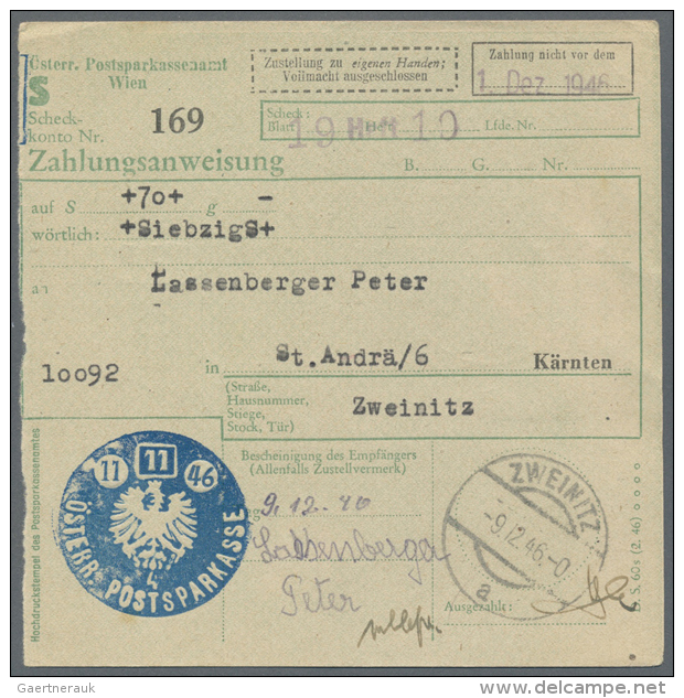 1946, 22 Zahlungsanweisungen Mit Hochdruckstempeln Aus Wien Und Portomarken Auf Der R&uuml;ckseite. Alle Nach... - Machines à Affranchir (EMA)