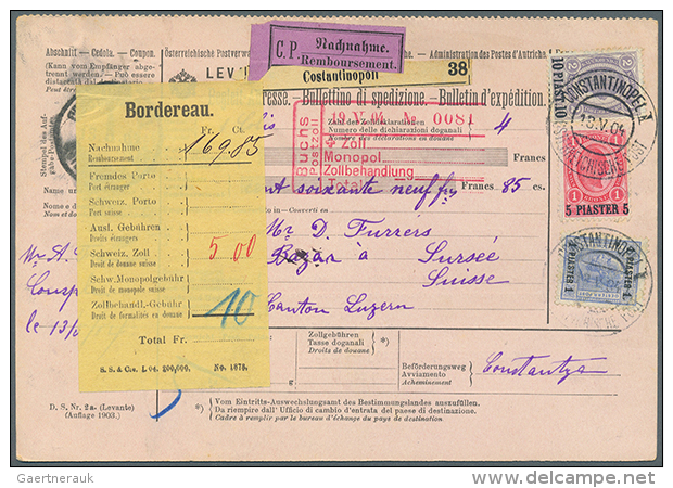 1904/12, 10 Paketkarten Von Konstantinopel (9 X In Die Schweiz, 1 X Nach Rum&auml;nien) Mit Sehr Hohen Fankaturen (... - Levant Autrichien