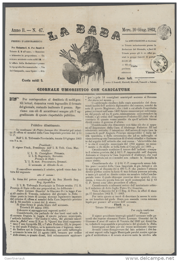 1863, Zeitungsmarke 1.05 Kr. Grau Auf Beidseitig Bedrucktem, Illustriertem Zeitungsblatt "LA BABA - GIORNALE... - Oblitérés