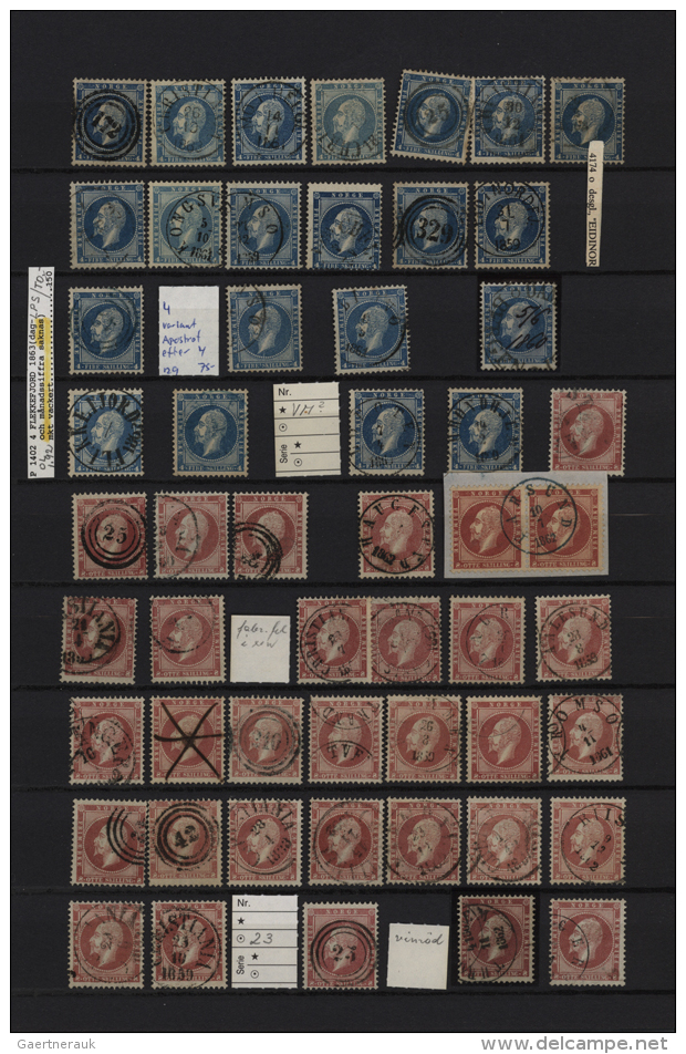 1856/1862, King Oscar Issue, Specialised Assortment Of 87 Stamps, 2sk. (15), 3sk. (19), 4sk. (21), 8sk. (32),... - Autres & Non Classés