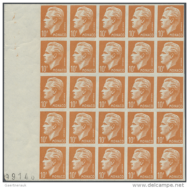 1950/1951, Definitives Rainier III., 50c. To 10fr., Complete Set Of Seven Stamps, IMPERFORATE Marginal Blocks Of 25... - Autres & Non Classés