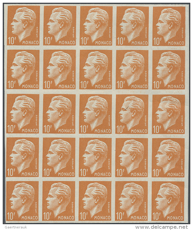 1950/1951, Definitives Rainier III., 50c. To 10fr., Complete Set Of Seven Stamps, IMPERFORATE Blocks Of 25,... - Autres & Non Classés