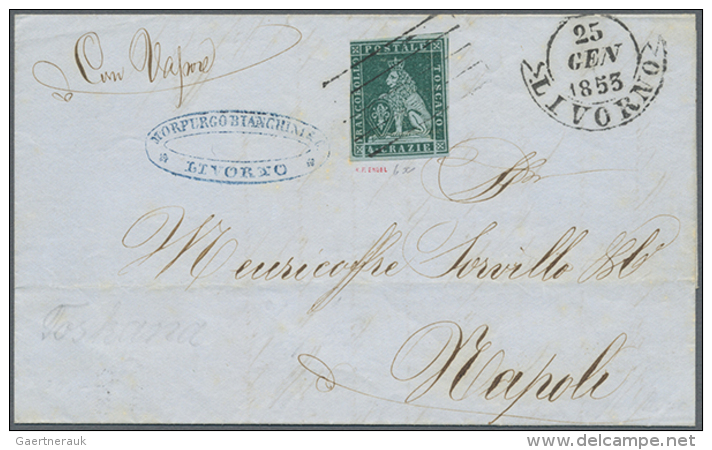 1853/1856, Lot Of Four Stamps Incl. 4cr. Green On Bluish Paper On Cover, Signed Engel. (D) - Toscane