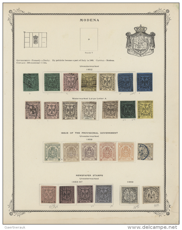 1852-1870, Collection On Old Scott Pages Including Good Part Modena Mi.7-11 Mint No Gum And Newspaper Stamps, Parma... - Etats Pontificaux