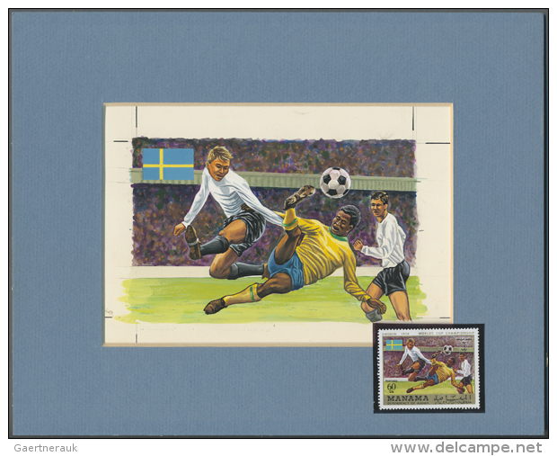 1970, Manama, 60 Dh. Fussballweltmeisterschaft Schweden 1958 (MiNr. 264), Farbige Originalzeichnung Der... - Autres & Non Classés