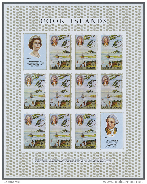 1968, Cook Islands. IMPERFORATED Proof Miniature Sheet Of 10 (plus 2 Labels) For The 1c Value "Ships Off Huahine... - Maritime