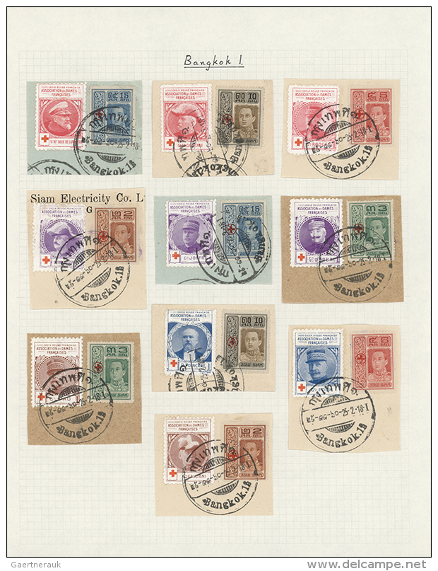 1918, Thailand, Red Cross Issue, 10 Values On Pieces, Each Alongside French Red Cross Label, Cancelled "Bangkok... - Croix-Rouge