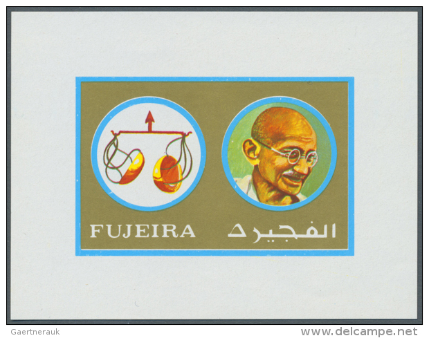 Fujeira, 1973, 40 Dirham Gandhi And Scale, 2 Imperforated Luxury S/s, One With Missing Black Colour, Mnh (R) - Autres & Non Classés