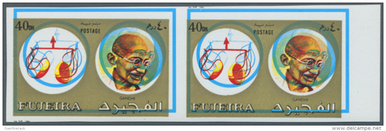 Fujeira, 1973, 40 Dirham Gandhi And Scale, 2 Imperforated Horizontal Pairs, One With Shift Of Blue Colour, Mnh (R) - Autres & Non Classés