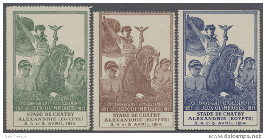 1914, 20th Anniversary Of Modern Olympic Games, 3 Vignettes "Saluting Heroine On Horse", In Green, Brown And Blue.... - Autres & Non Classés