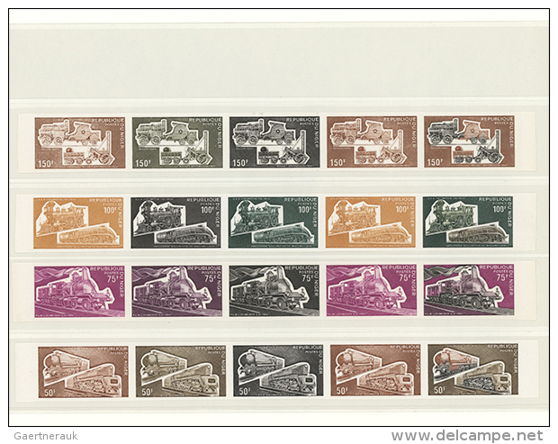1960s, Africa. Train Trial Color Proofs. 4 Sets From The Central African Republic, Mali And Niger; 16 Strips Of 5... - Trains