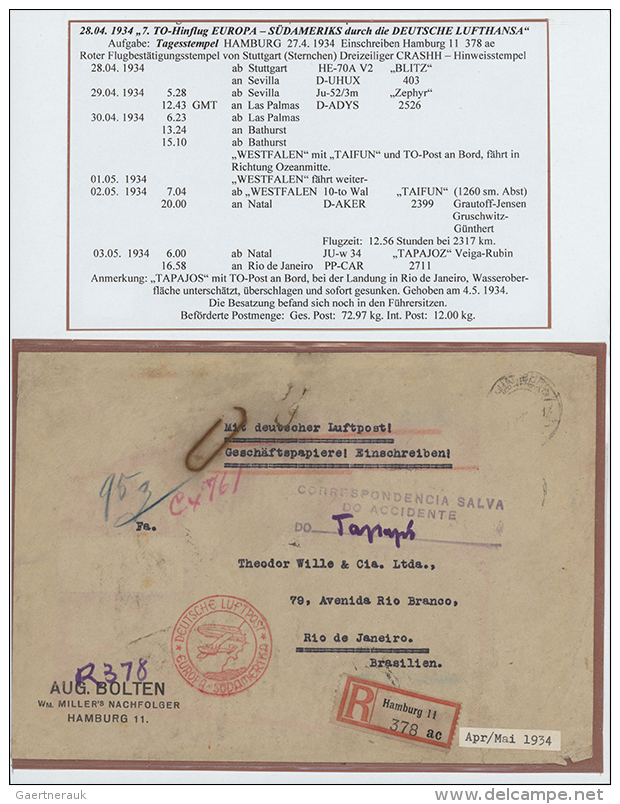 1934, 7. TO-Hinflug EUROPA-S&Uuml;DAMERIKA 28.4.34 Durch Deutsch Lufthansa Ab Stuttgart Via Sevill, Las Palmas,... - Autres & Non Classés