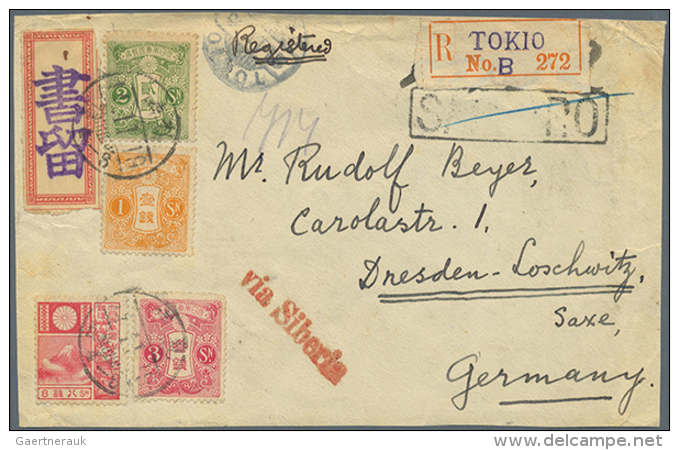 1876-1937, 8 Covers / Cards Including Front Only Registered Mail From Japan Via Siberia, Koban 8 Sen. Single... - Autres - Asie