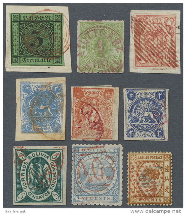 1840's/1880's (c.): Group Of 28 Classic Stamps Worldwide With RED CANCELLATIONS Or Handstamps, With Old German... - Autres & Non Classés